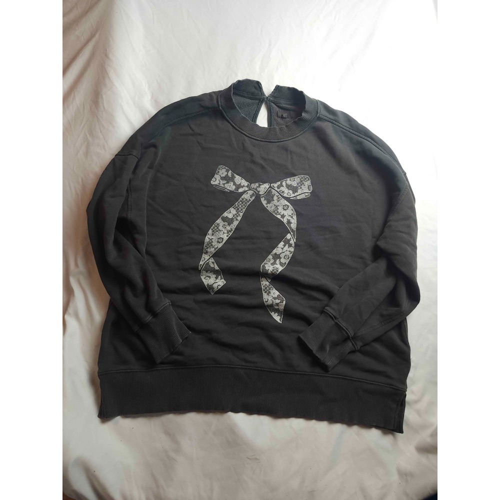 Aerie Bow Sweatshirt Women Medium Gray Floral Graphic Athleisure Outdoor Top